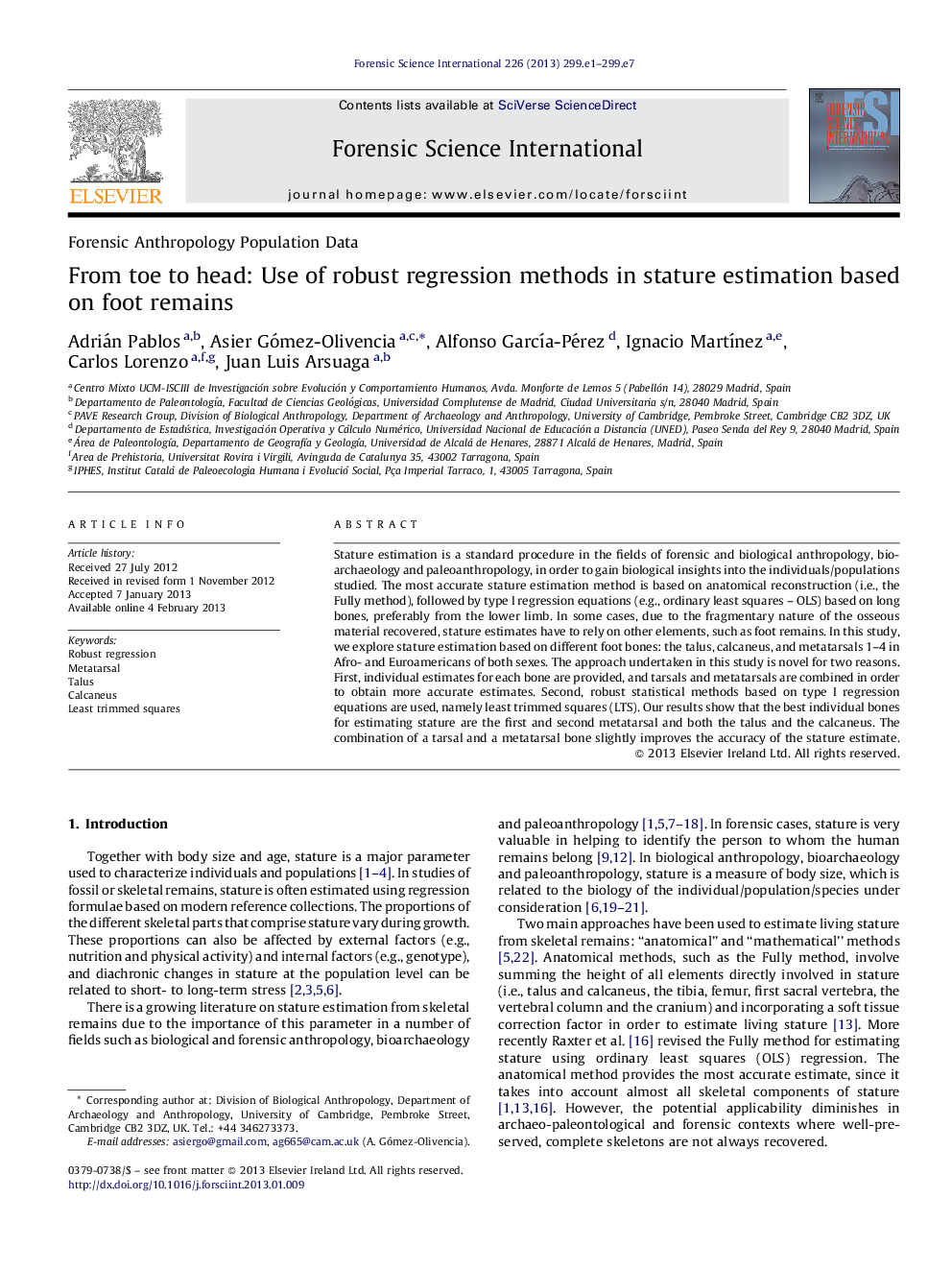 From toe to head: Use of robust regression methods in stature estimation based on foot remains