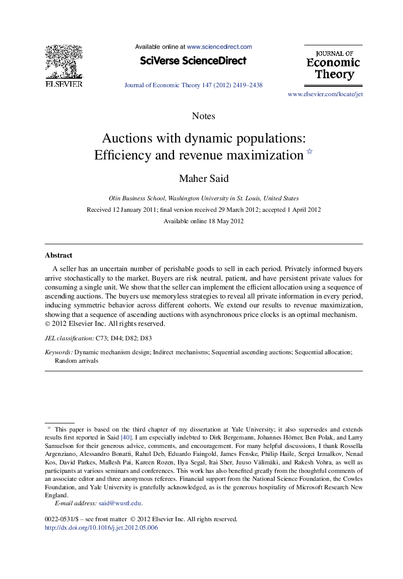 Auctions with dynamic populations: Efficiency and revenue maximization