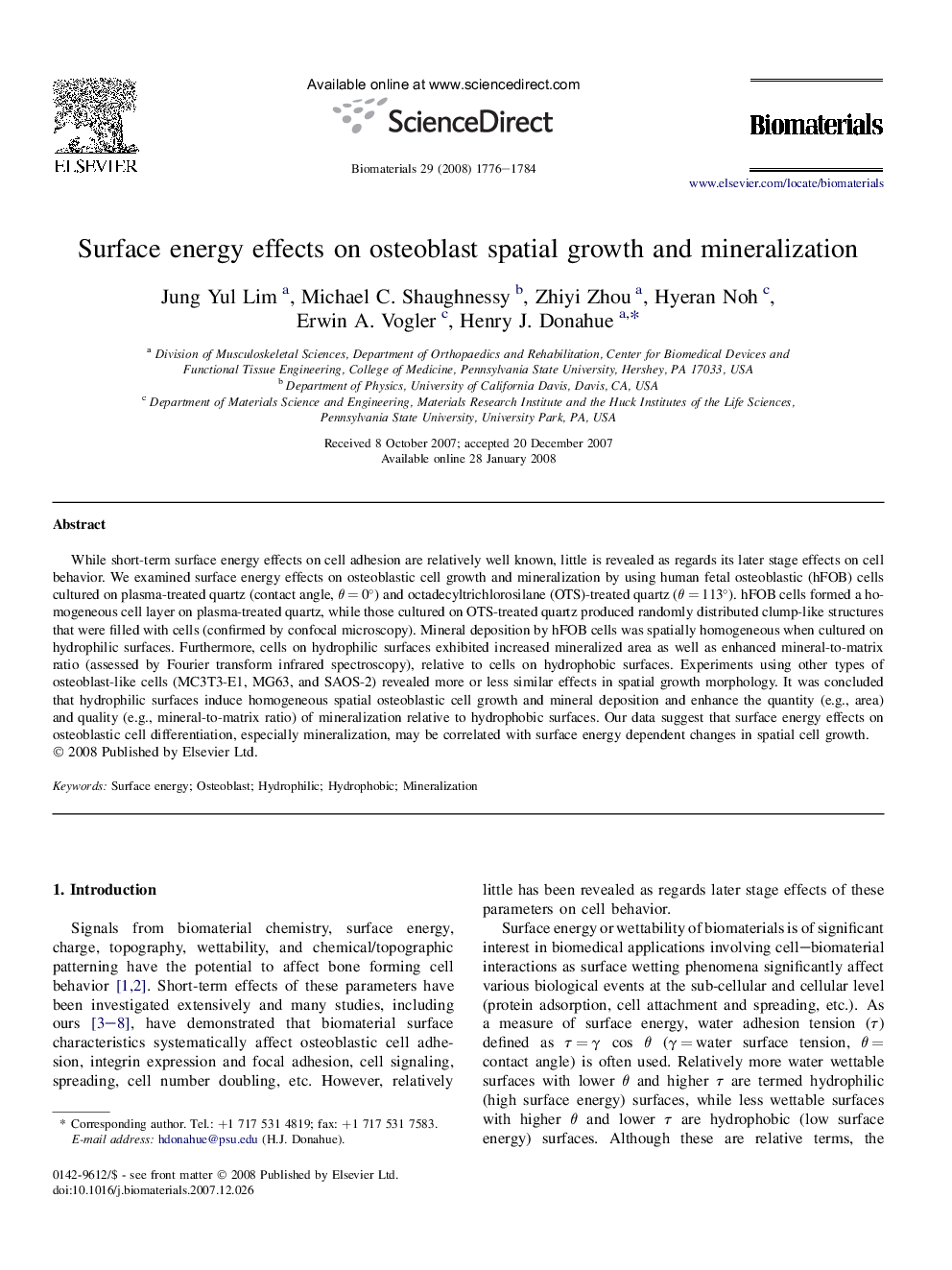 Surface energy effects on osteoblast spatial growth and mineralization