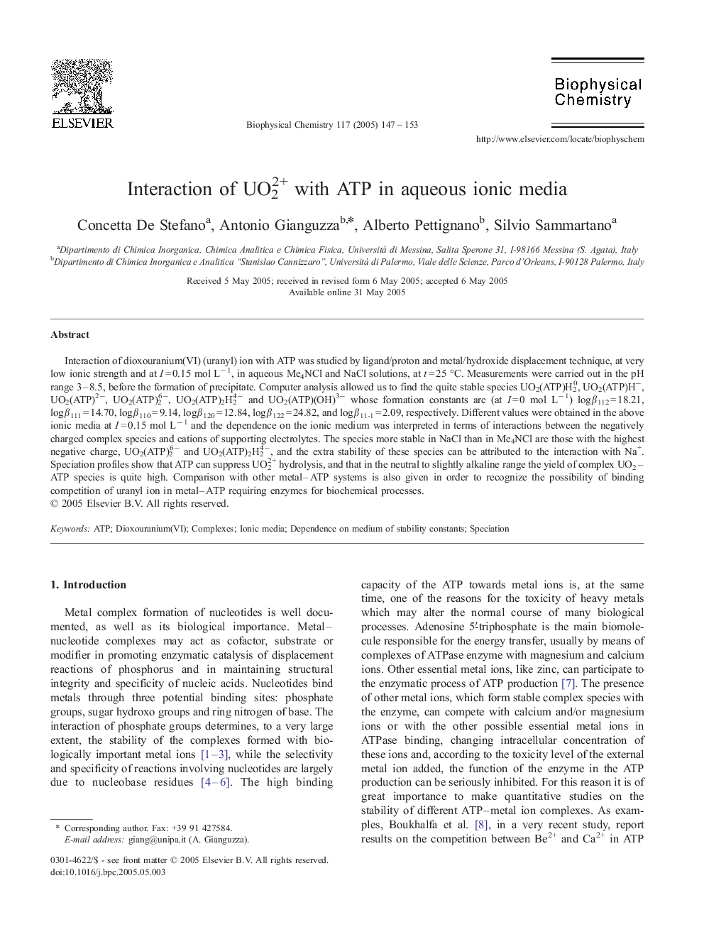 Interaction of UO22+ with ATP in aqueous ionic media