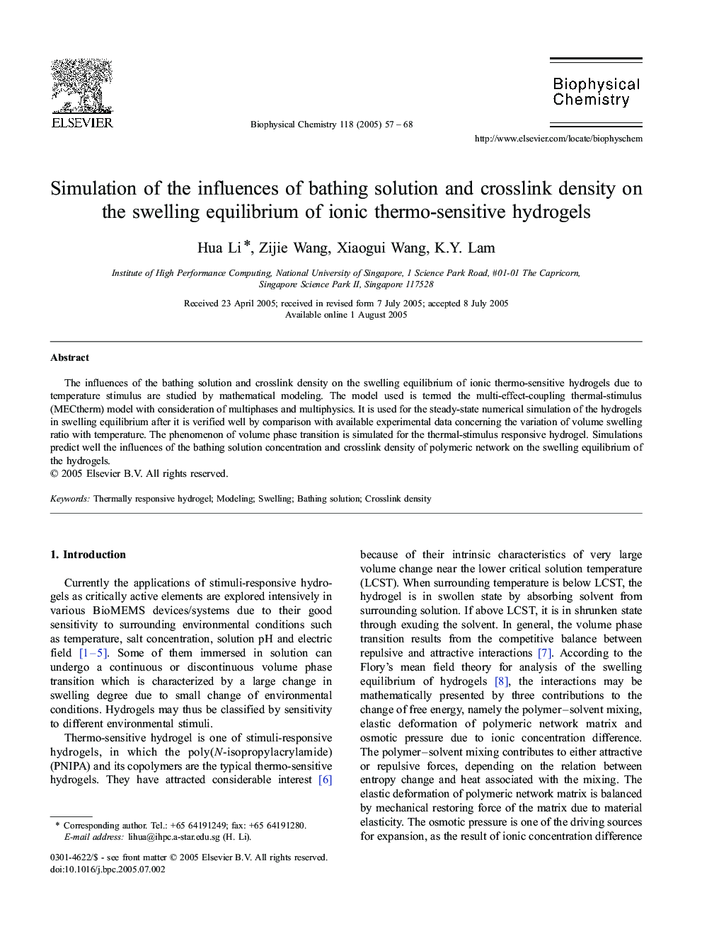 Simulation of the influences of bathing solution and crosslink density on the swelling equilibrium of ionic thermo-sensitive hydrogels