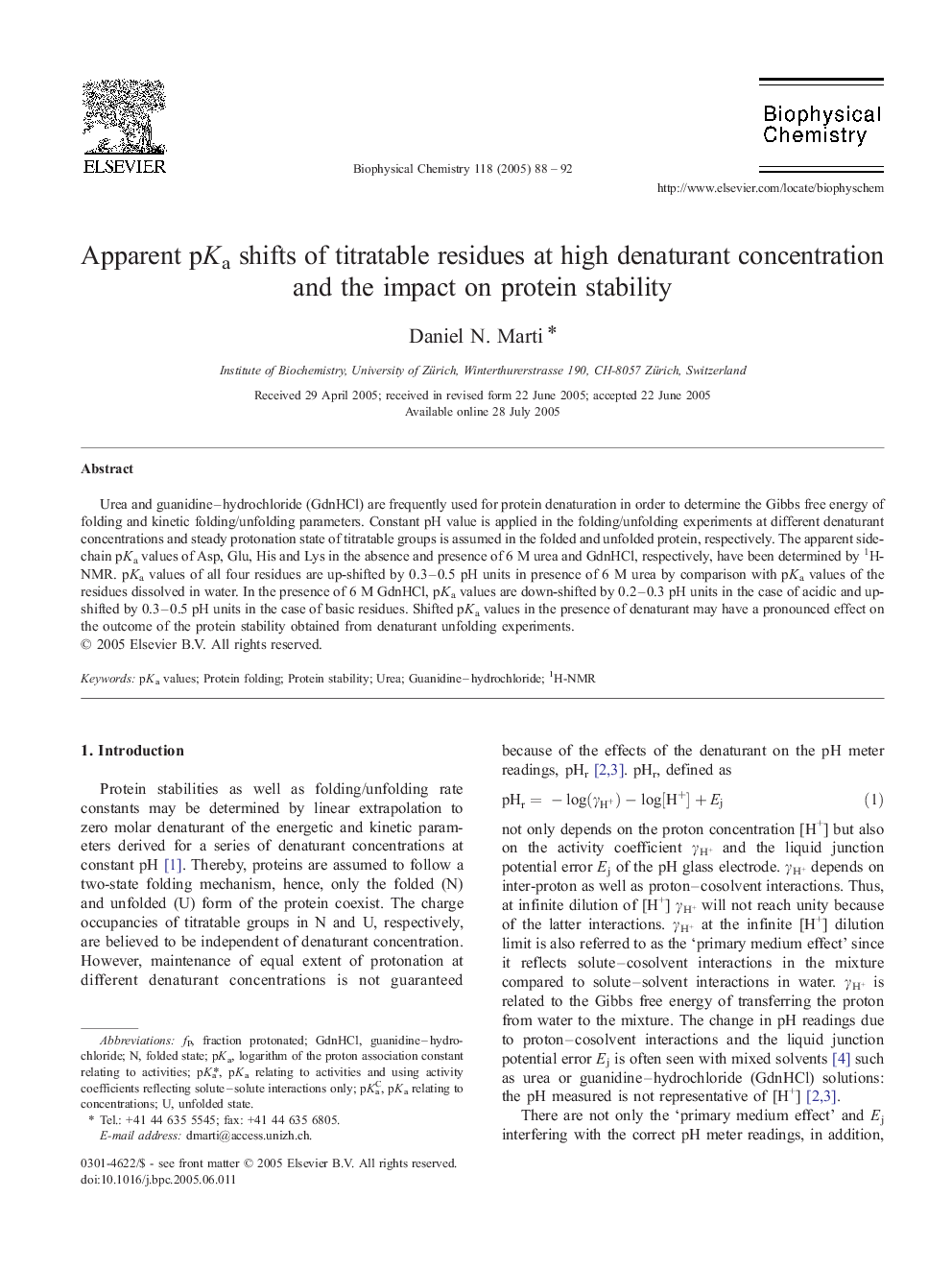 Apparent pKa shifts of titratable residues at high denaturant concentration and the impact on protein stability