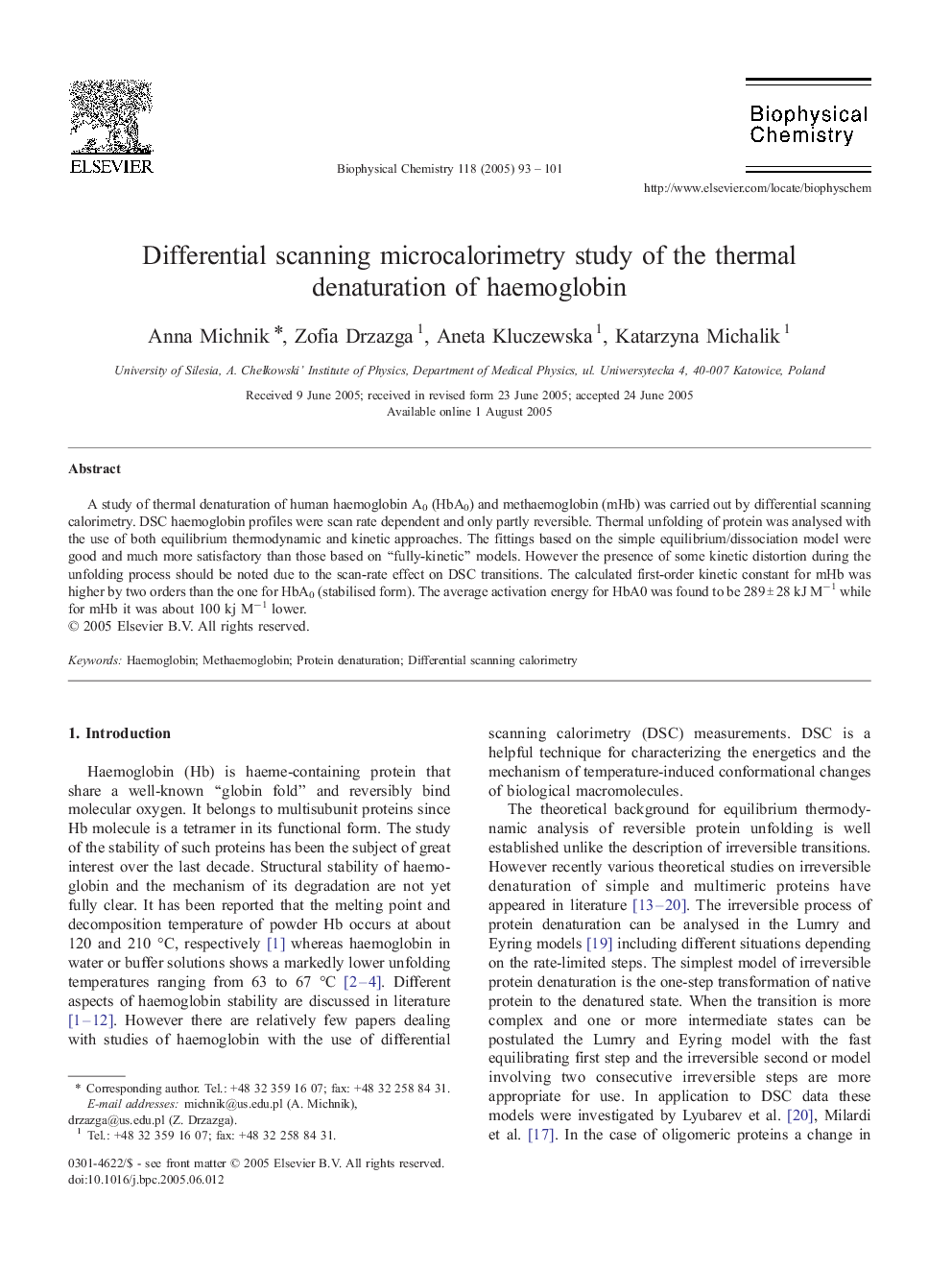 Differential scanning microcalorimetry study of the thermal denaturation of haemoglobin