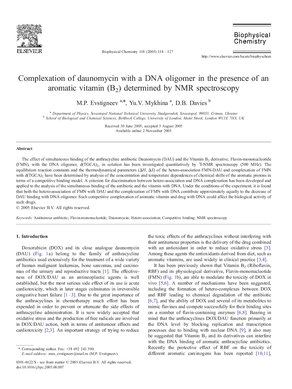 Complexation of daunomycin with a DNA oligomer in the presence of an aromatic vitamin (B2) determined by NMR spectroscopy