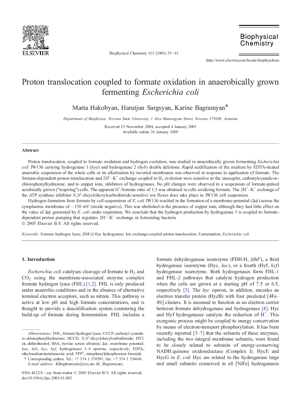 Proton translocation coupled to formate oxidation in anaerobically grown fermenting Escherichia coli