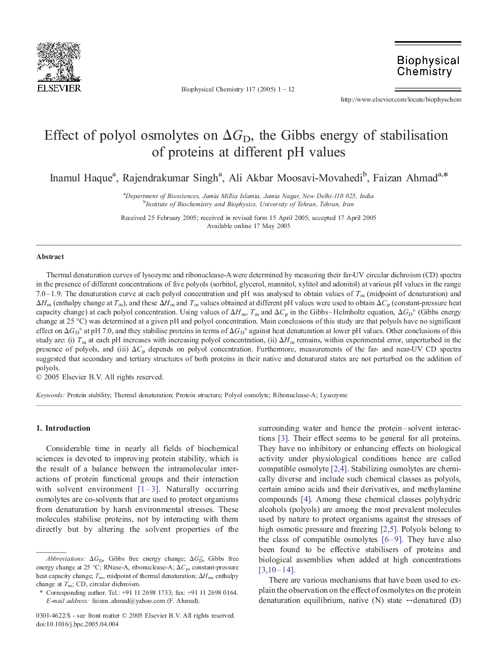 Effect of polyol osmolytes on ÎGD, the Gibbs energy of stabilisation of proteins at different pH values