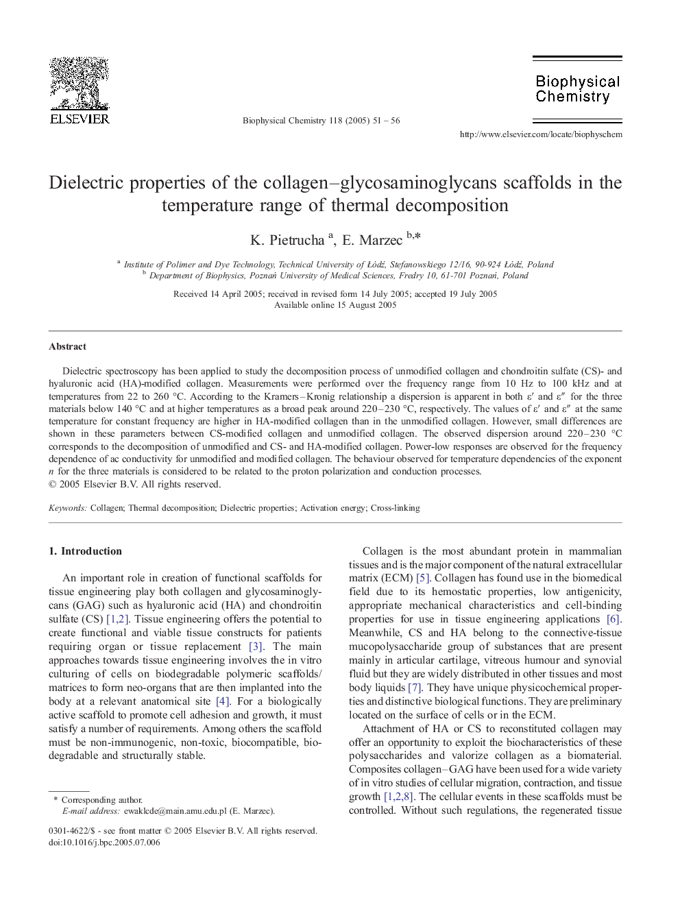 Dielectric properties of the collagen-glycosaminoglycans scaffolds in the temperature range of thermal decomposition