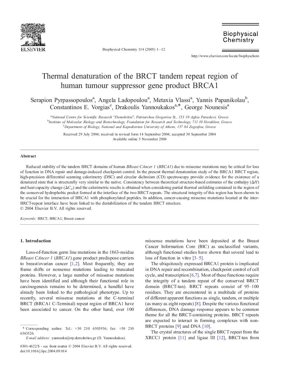 Thermal denaturation of the BRCT tandem repeat region of human tumour suppressor gene product BRCA1