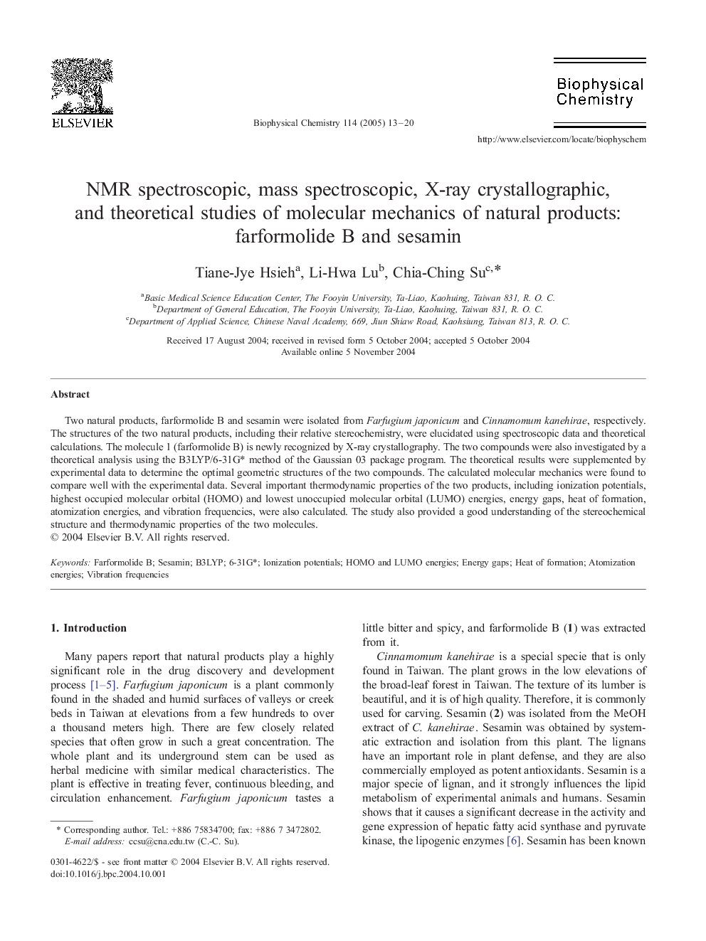 NMR spectroscopic, mass spectroscopic, X-ray crystallographic, and theoretical studies of molecular mechanics of natural products: farformolide B and sesamin