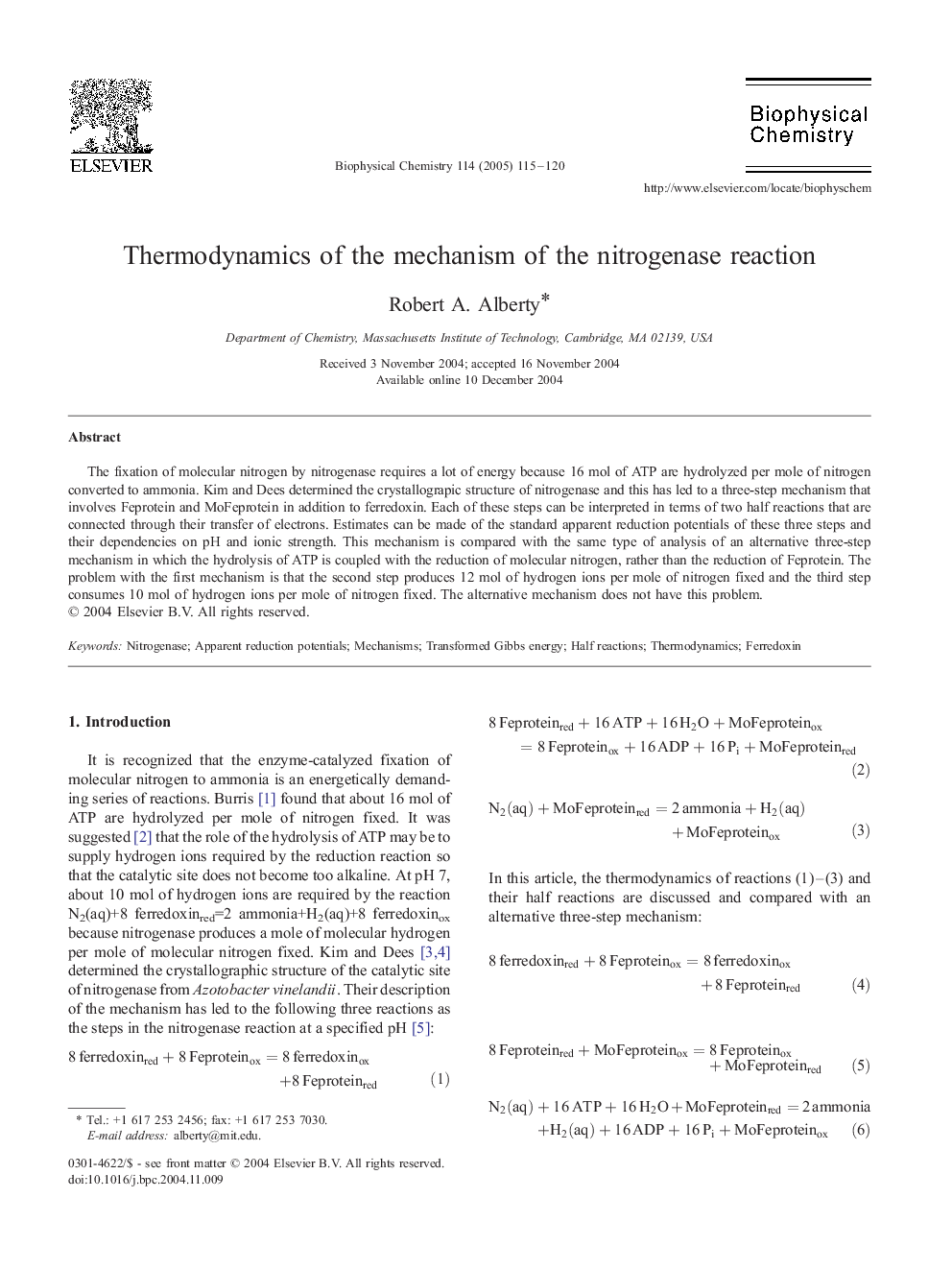 Thermodynamics of the mechanism of the nitrogenase reaction