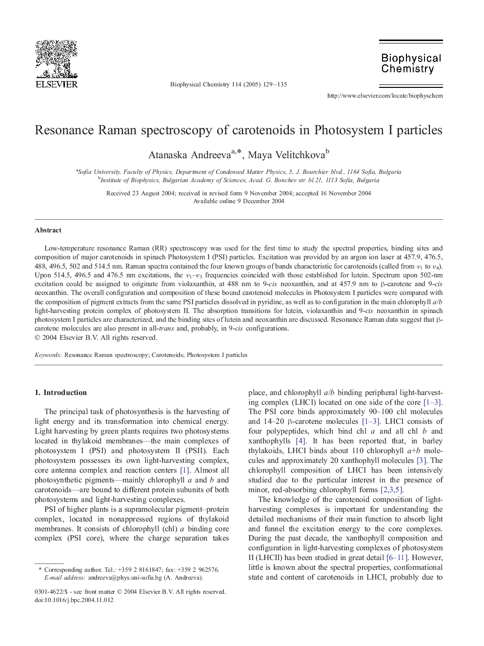 Resonance Raman spectroscopy of carotenoids in Photosystem I particles
