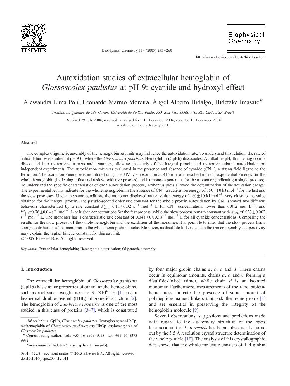 Autoxidation studies of extracellular hemoglobin of Glossoscolex paulistus at pH 9: cyanide and hydroxyl effect