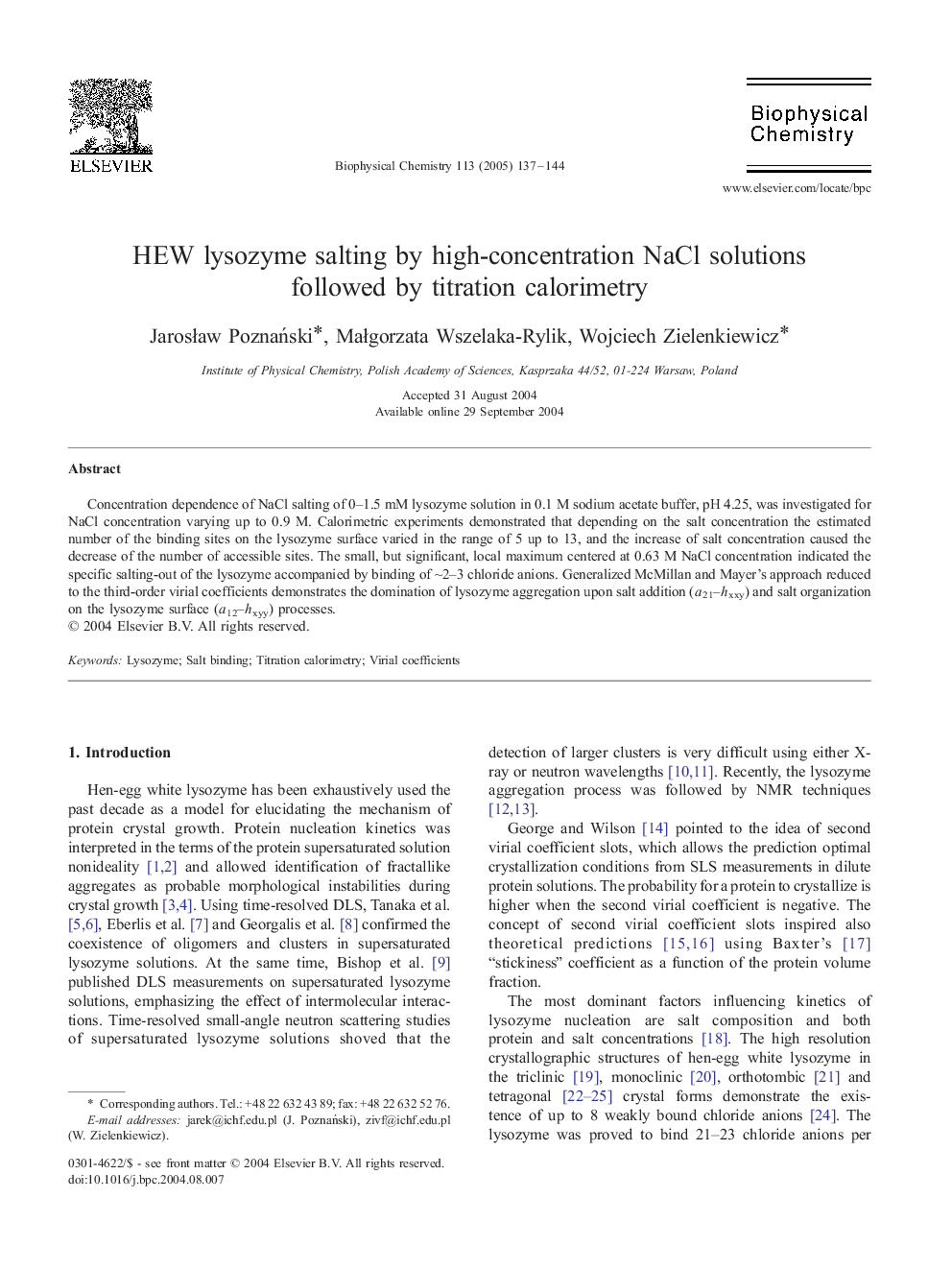 HEW lysozyme salting by high-concentration NaCl solutions followed by titration calorimetry