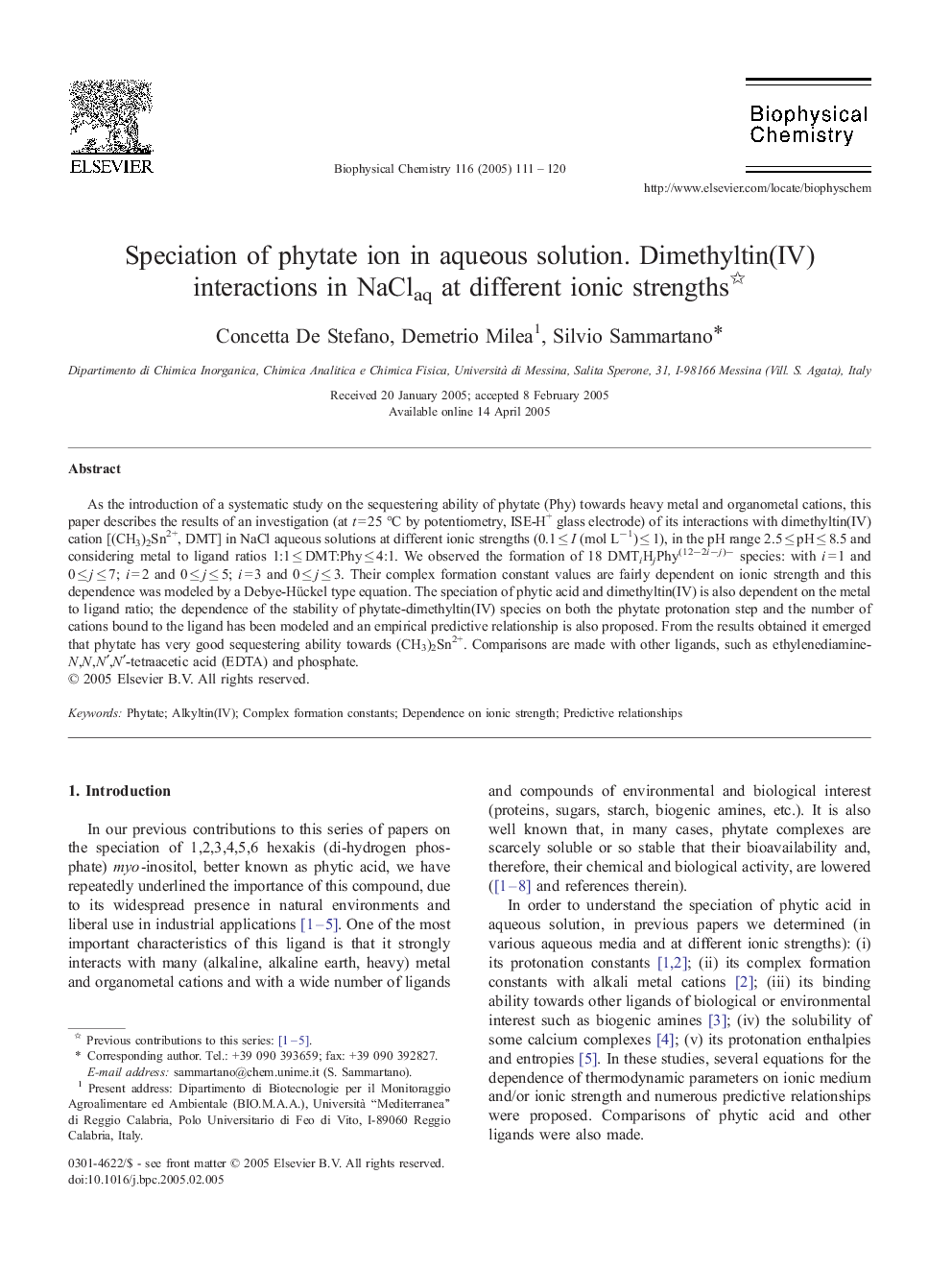 Speciation of phytate ion in aqueous solution. Dimethyltin(IV) interactions in NaClaq at different ionic strengths