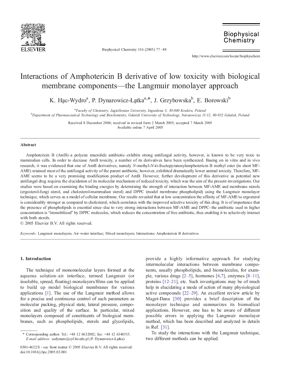 Interactions of amphotericin B derivative of low toxicity with biological membrane components-the Langmuir monolayer approach