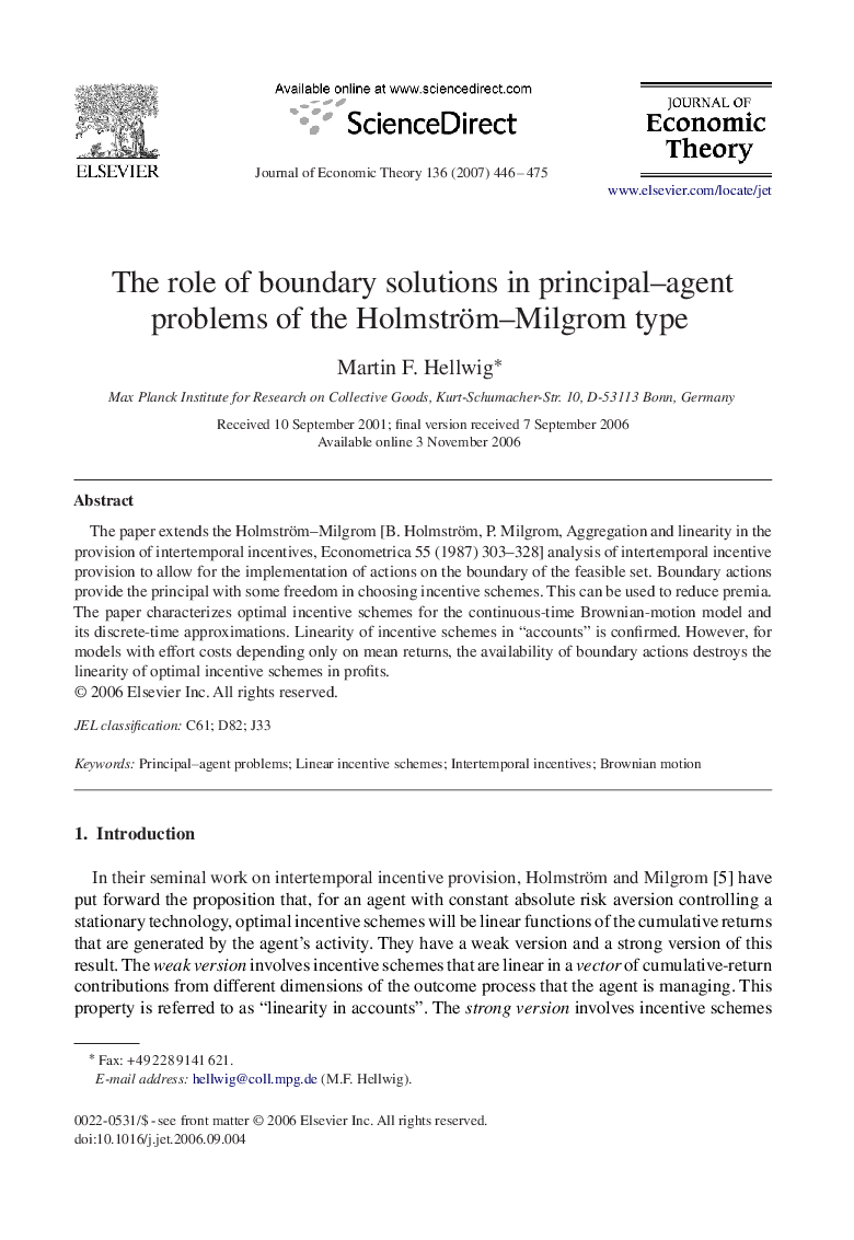 عکس صفحه اول مقاله: The role of boundary solutions in principal–agent problems of the Holmström–Milgrom type The role of boundary solutions in principal–agent problems of the Holmström–Milgrom type