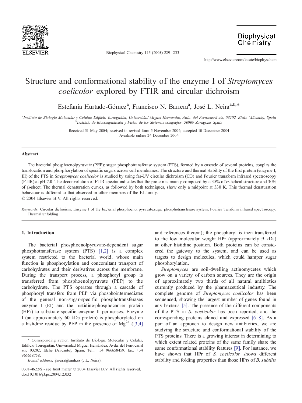 Structure and conformational stability of the enzyme I of Streptomyces coelicolor explored by FTIR and circular dichroism