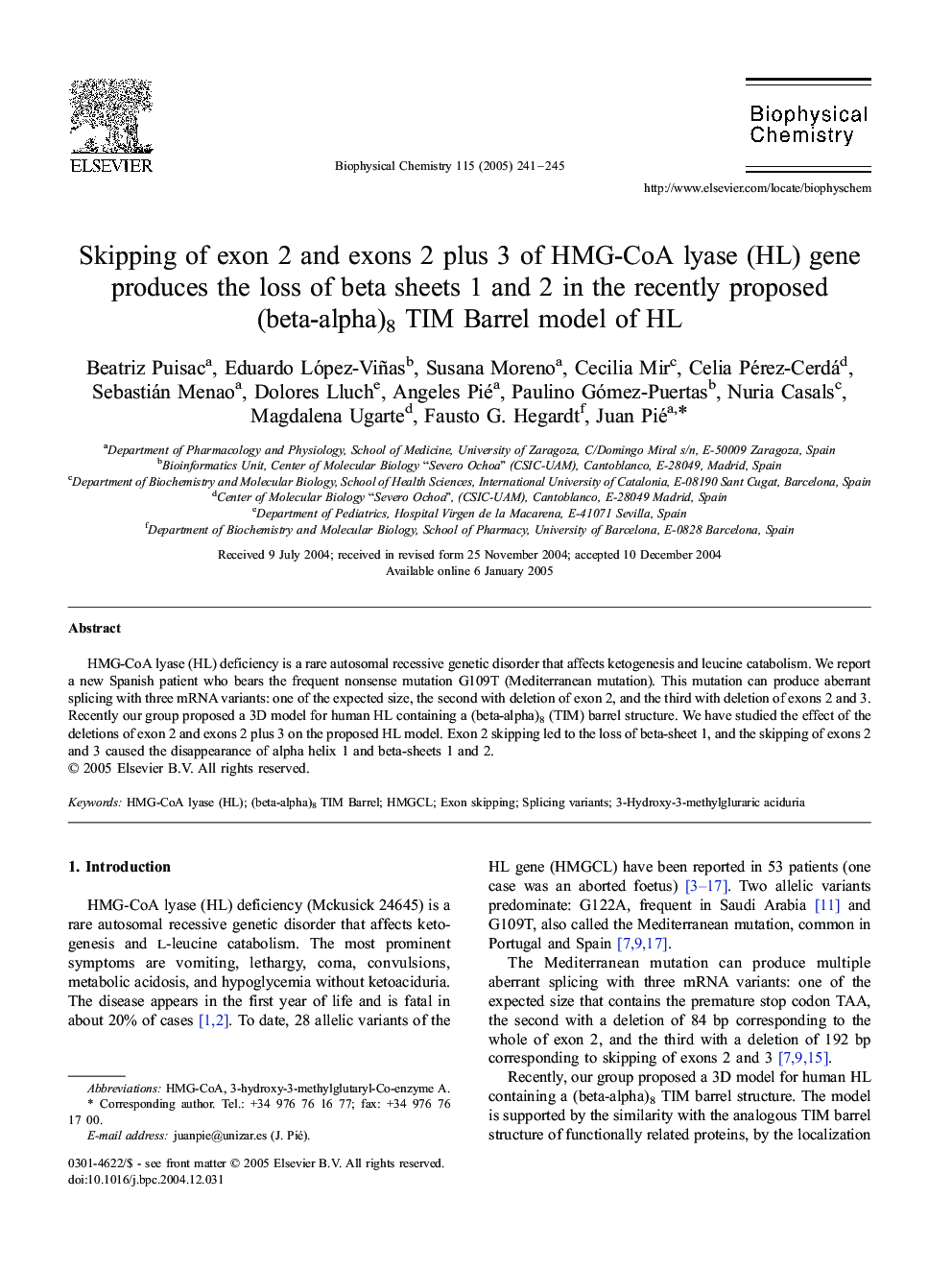 Skipping of exon 2 and exons 2 plus 3 of HMG-CoA lyase (HL) gene produces the loss of beta sheets 1 and 2 in the recently proposed (beta-alpha)8 TIM Barrel model of HL