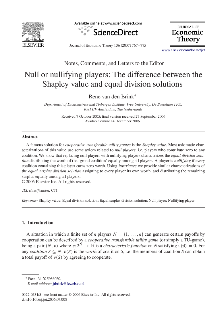 Null or nullifying players: The difference between the Shapley value and equal division solutions