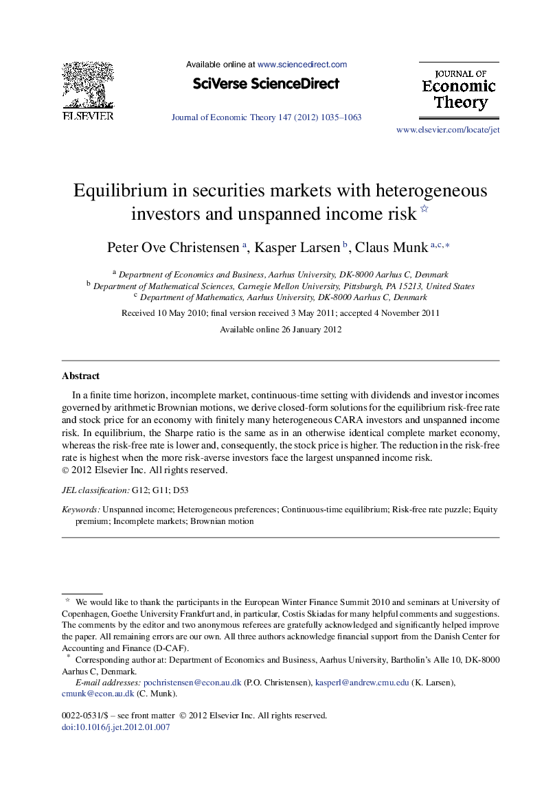 Equilibrium in securities markets with heterogeneous investors and unspanned income risk 