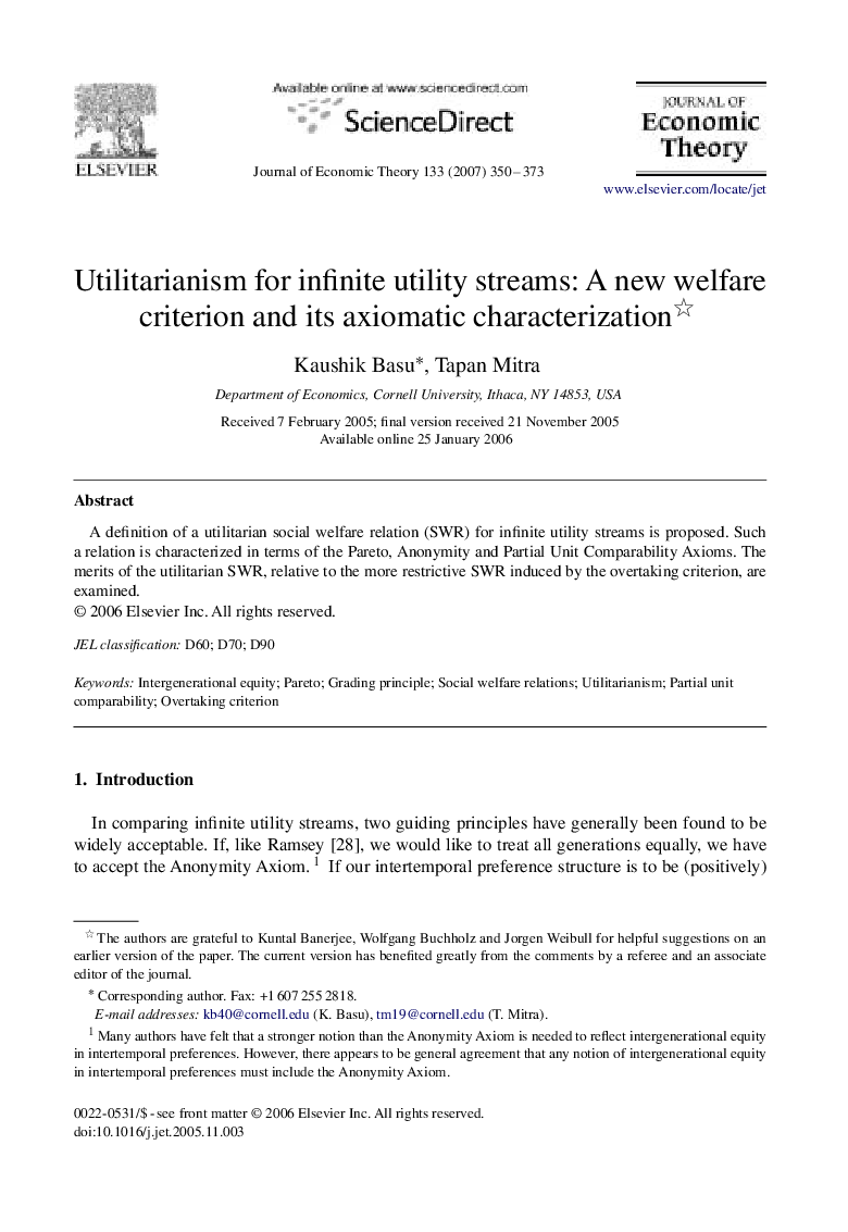 Utilitarianism for infinite utility streams: A new welfare criterion and its axiomatic characterization 