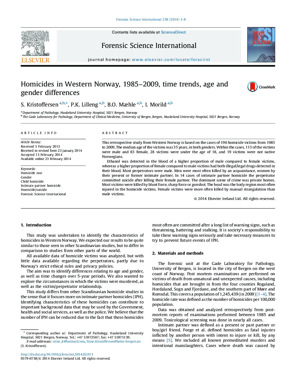 Homicides in Western Norway, 1985–2009, time trends, age and gender differences