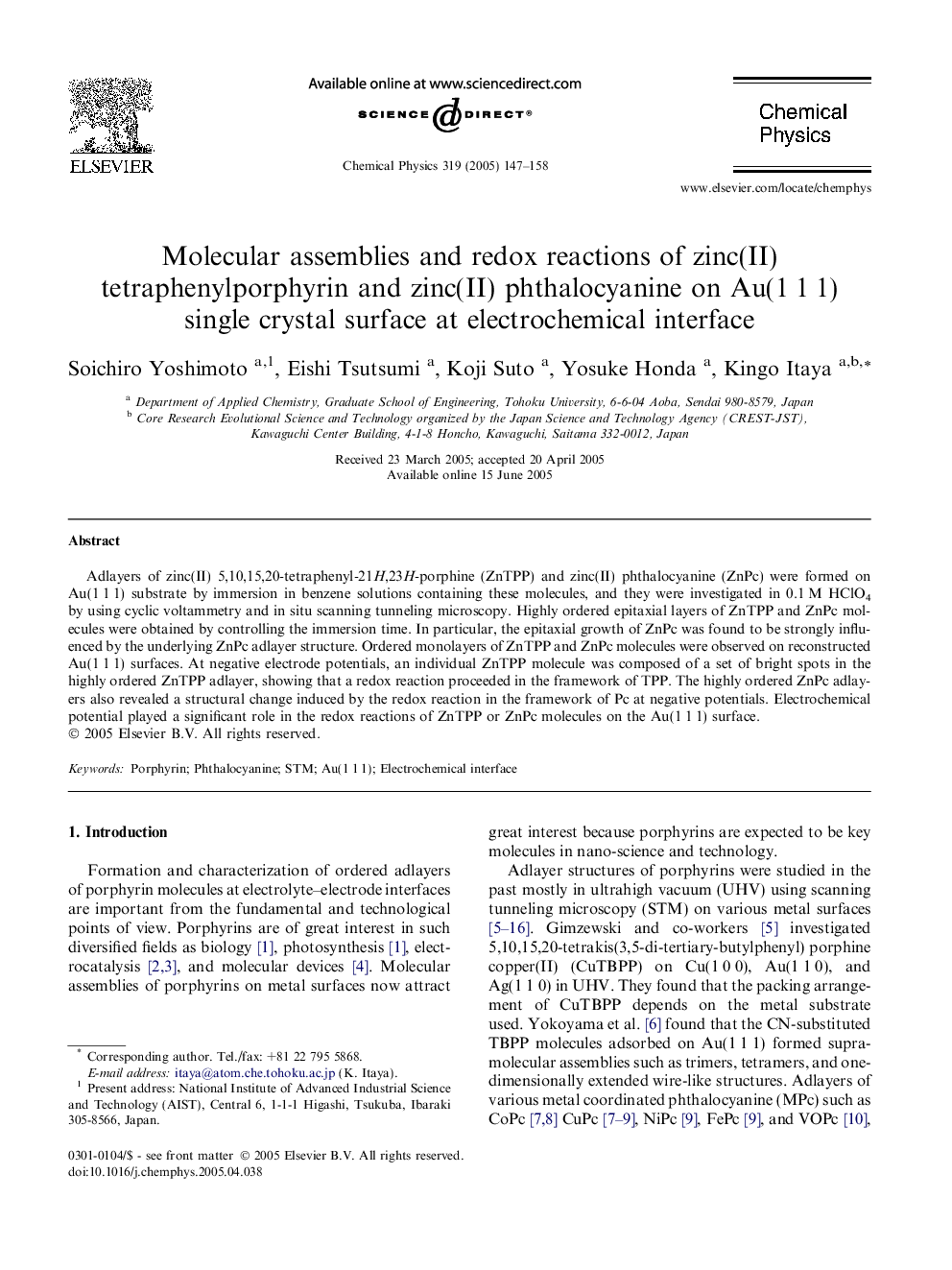 Molecular assemblies and redox reactions of zinc(II) tetraphenylporphyrin and zinc(II) phthalocyanine on Au(1Â 1Â 1) single crystal surface at electrochemical interface