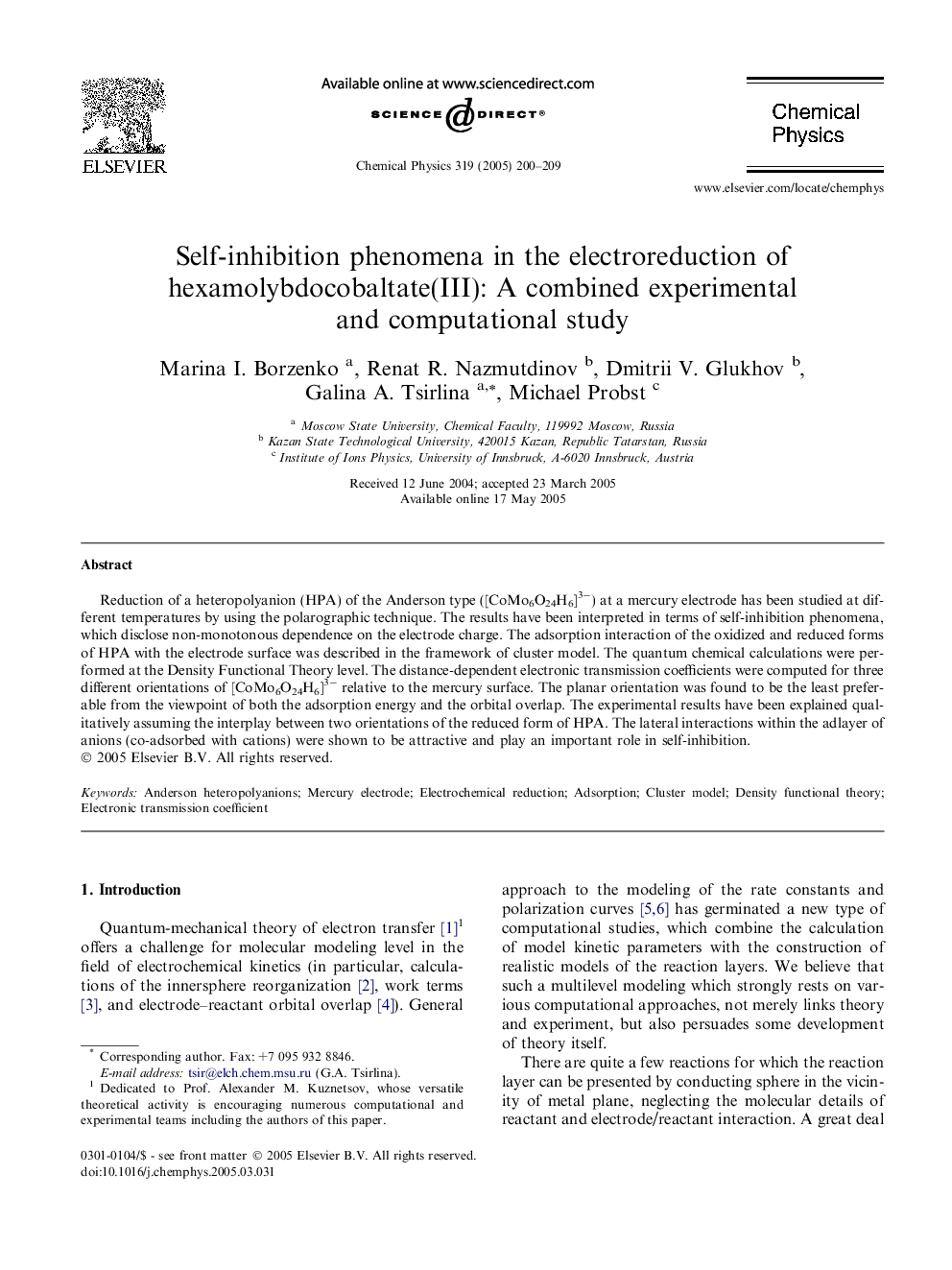 Self-inhibition phenomena in the electroreduction of hexamolybdocobaltate(III): A combined experimental and computational study