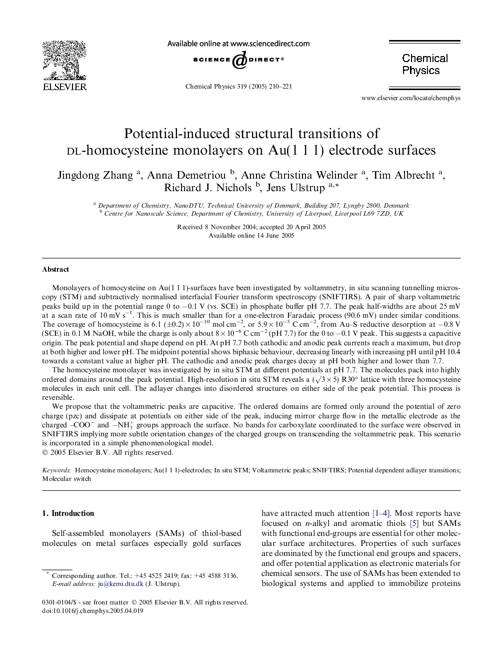 Potential-induced structural transitions of DL-homocysteine monolayers on Au(1Â 1Â 1) electrode surfaces