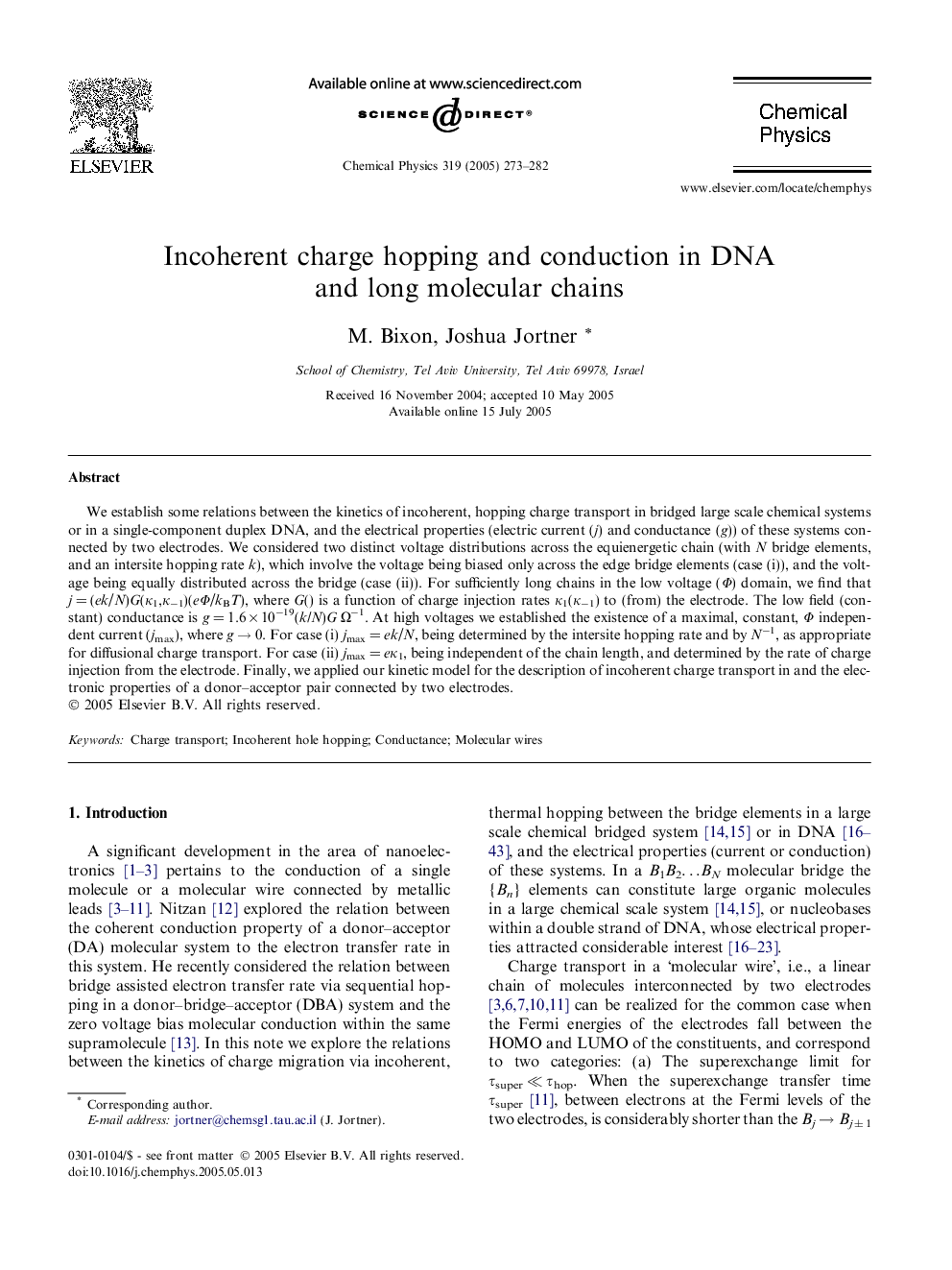 Incoherent charge hopping and conduction in DNA and long molecular chains