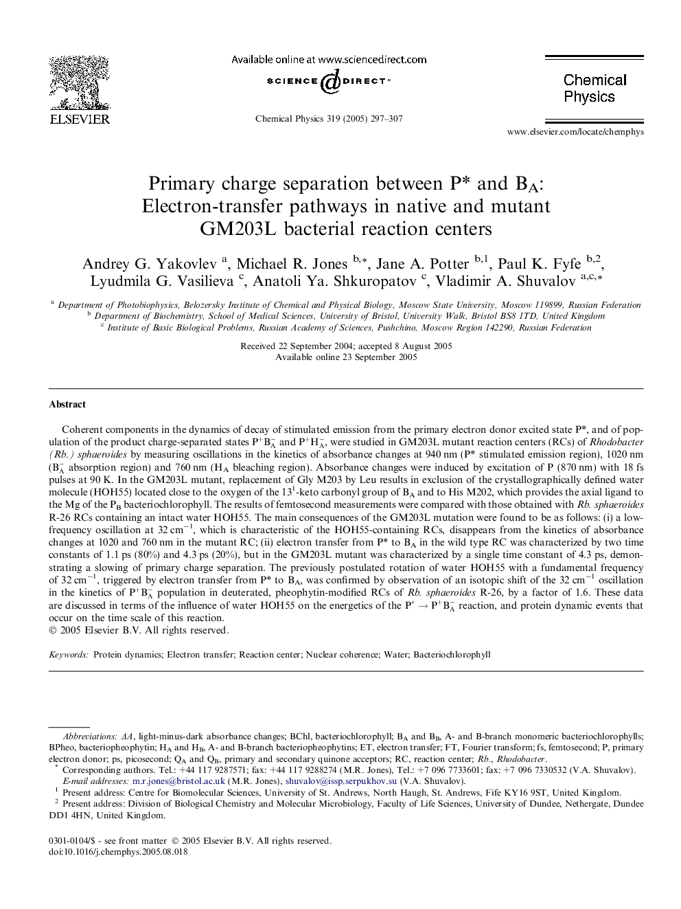 Primary charge separation between P* and BA: Electron-transfer pathways in native and mutant GM203L bacterial reaction centers