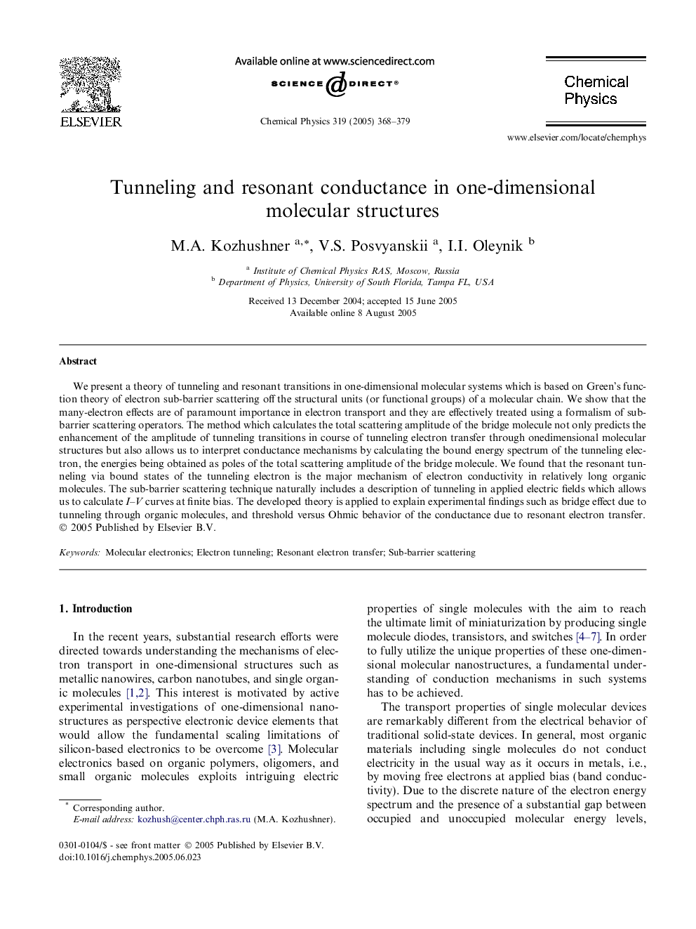 Tunneling and resonant conductance in one-dimensional molecular structures