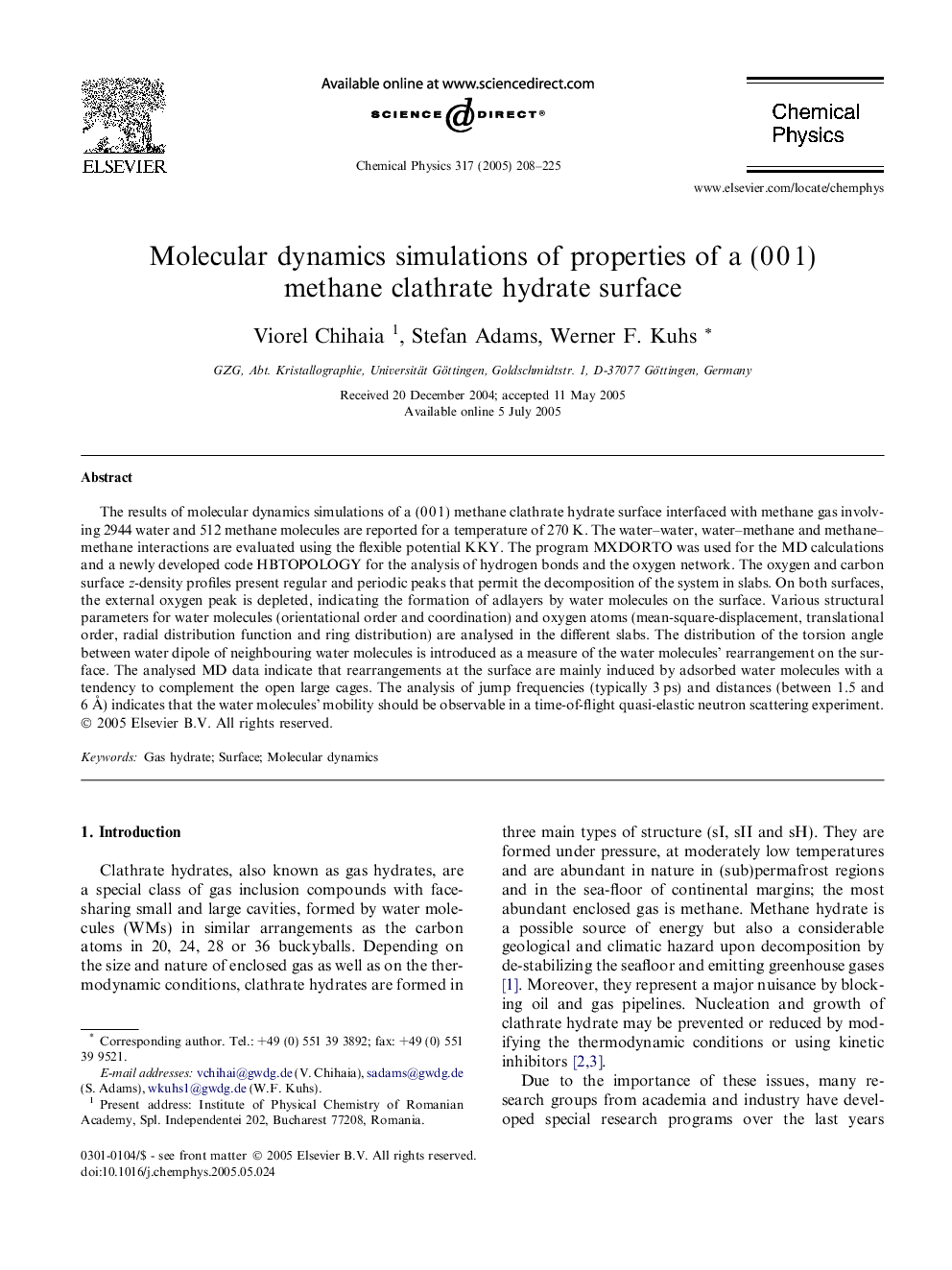 Molecular dynamics simulations of properties of a (0Â 0Â 1) methane clathrate hydrate surface