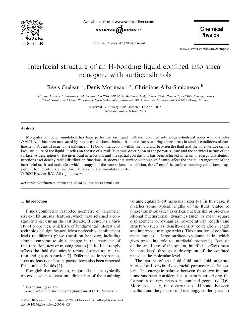 Interfacial structure of an H-bonding liquid confined into silica nanopore with surface silanols