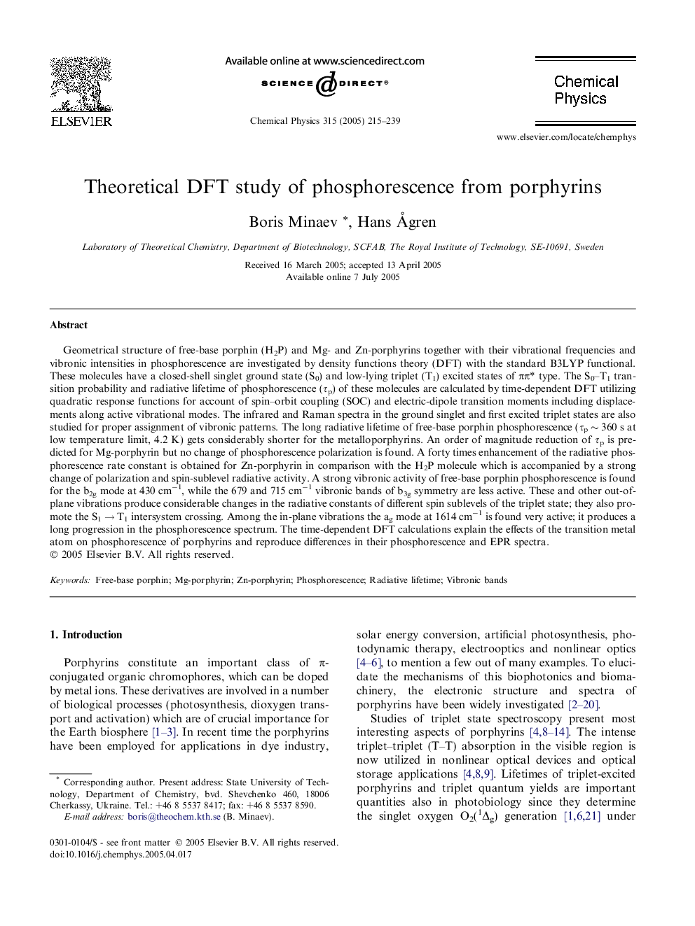 Theoretical DFT study of phosphorescence from porphyrins