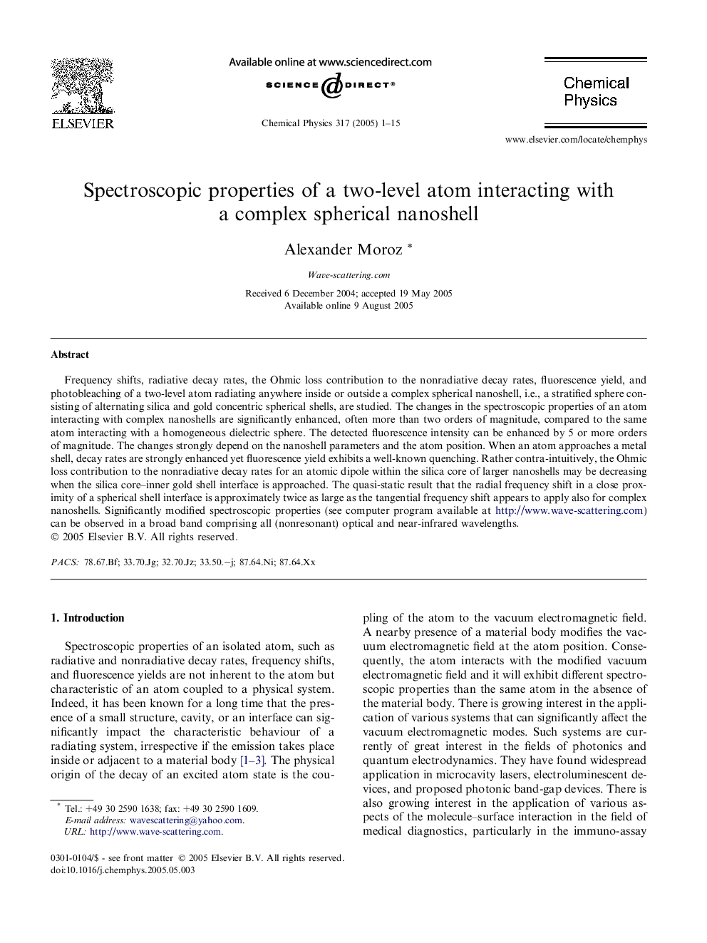 عکس صفحه اول مقاله: Spectroscopic properties of a two-level atom interacting with a complex spherical nanoshell Spectroscopic properties of a two-level atom interacting with a complex spherical nanoshell