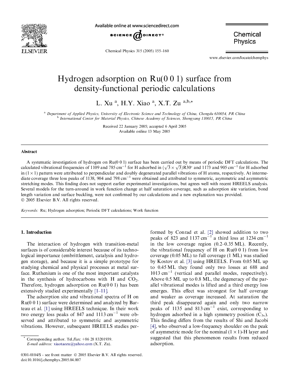 Hydrogen adsorption on Ru(0Â 0Â 1) surface from density-functional periodic calculations