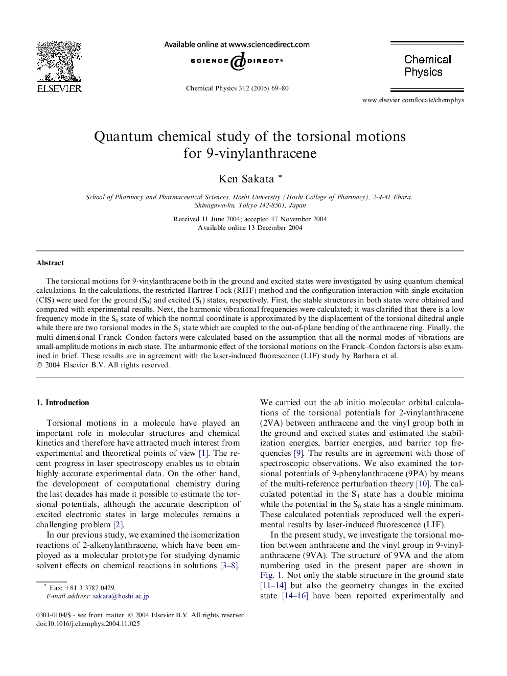 عکس صفحه اول مقاله: Quantum chemical study of the torsional motions for 9-vinylanthracene Quantum chemical study of the torsional motions for 9-vinylanthracene