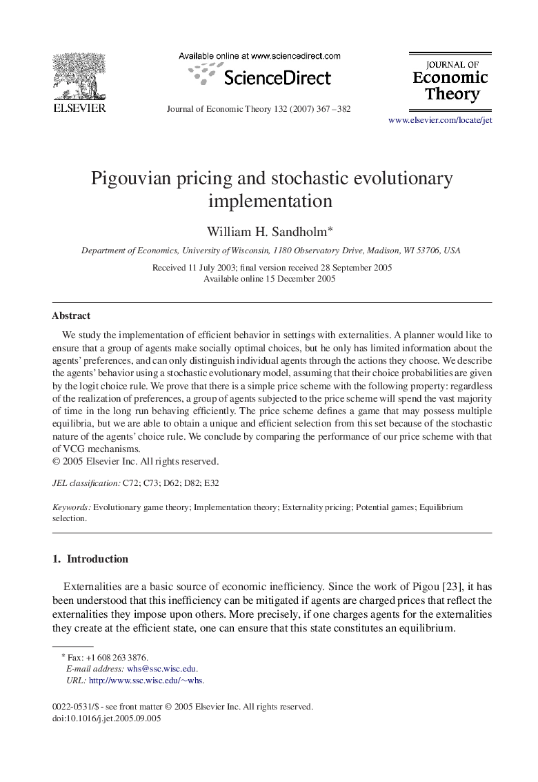 Pigouvian pricing and stochastic evolutionary implementation