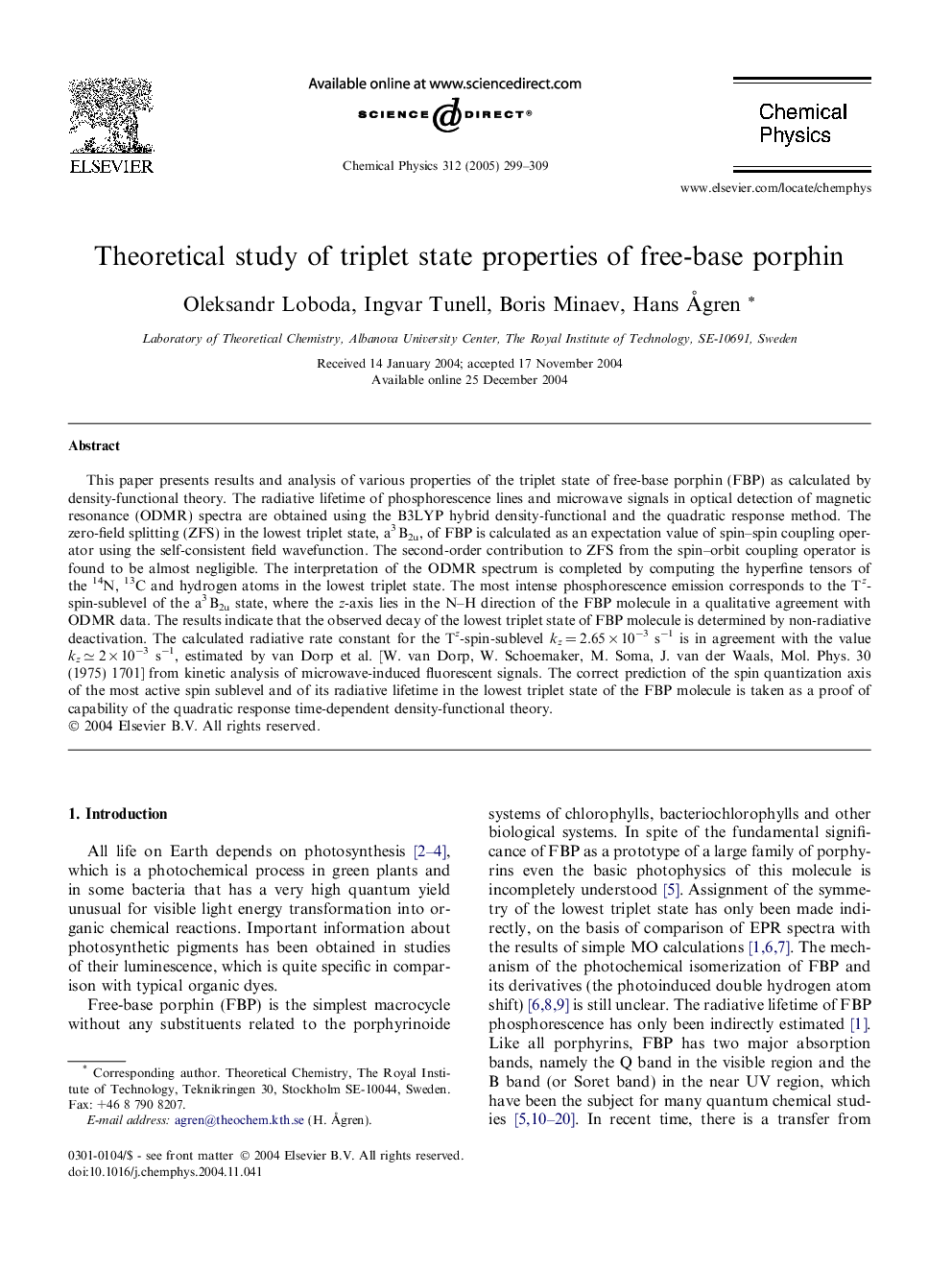 Theoretical study of triplet state properties of free-base porphin