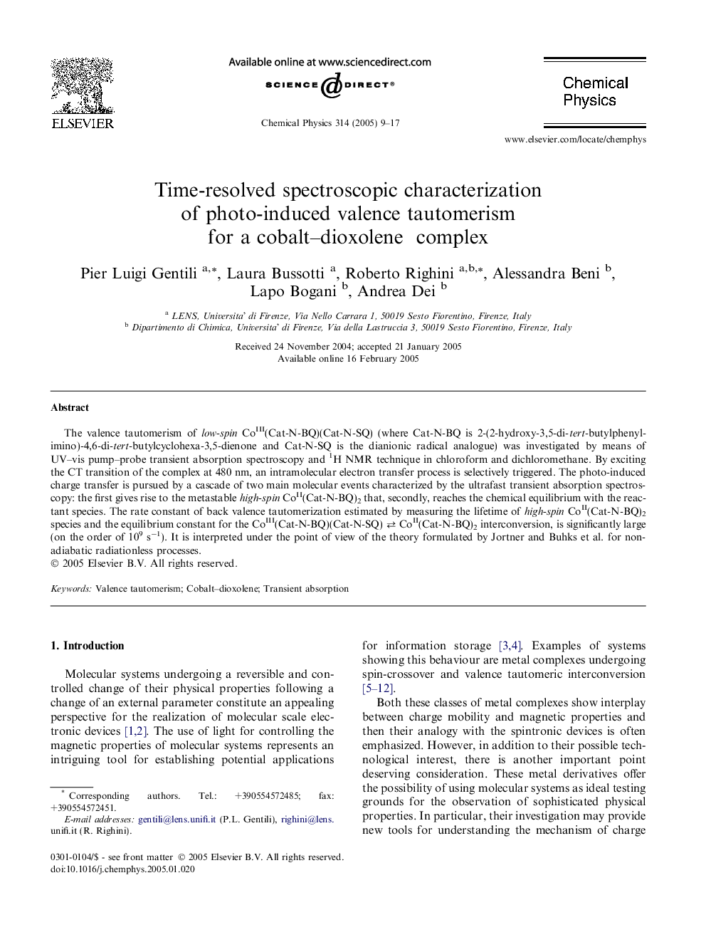 Time-resolved spectroscopic characterization of photo-induced valence tautomerism for a cobalt-dioxolene complex