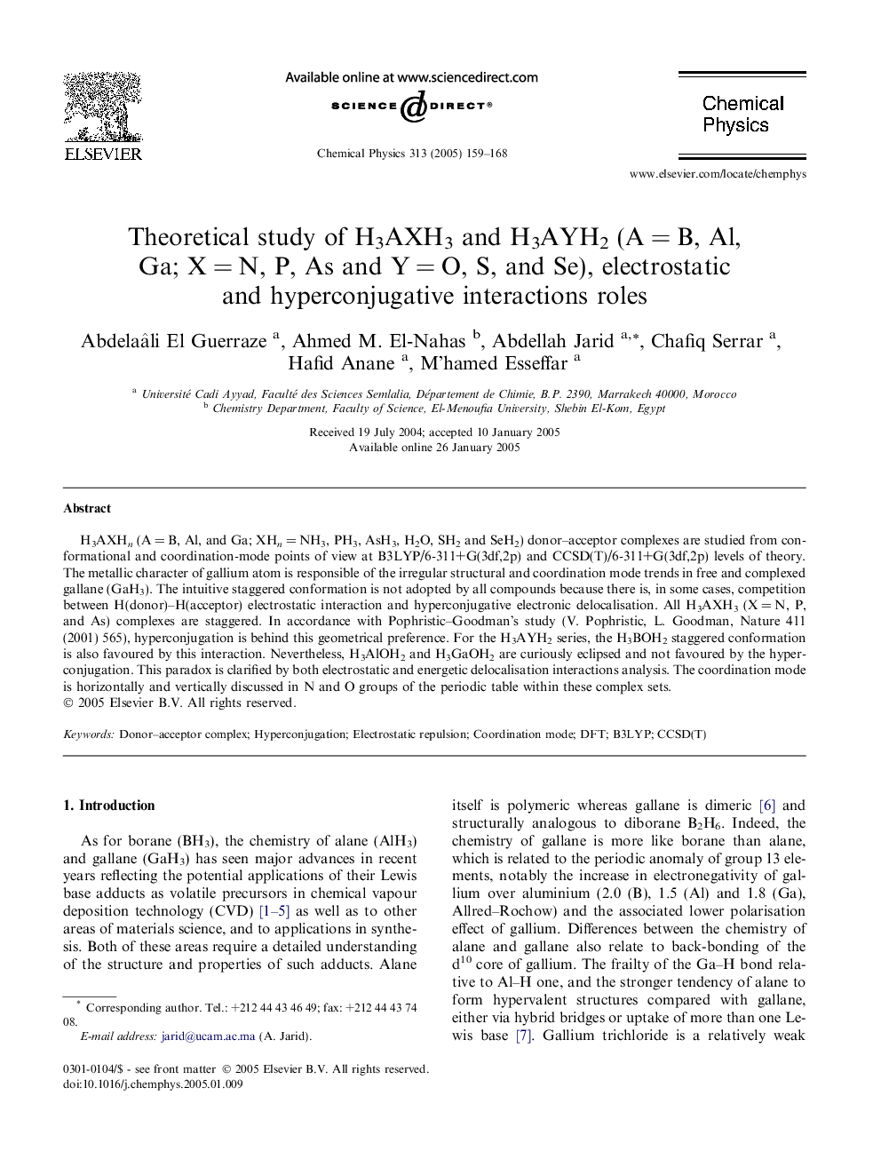 Theoretical study of H3AXH3 and H3AYH2 (AÂ =Â B, Al, Ga; XÂ =Â N, P, As and YÂ =Â O, S, and Se), electrostatic and hyperconjugative interactions roles
