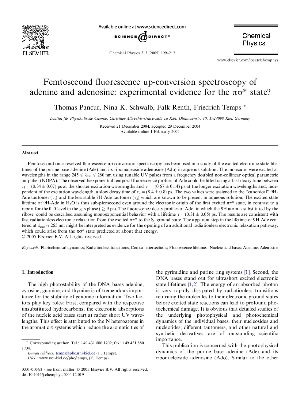 Femtosecond fluorescence up-conversion spectroscopy of adenine and adenosine: experimental evidence for the ÏÏ* state?