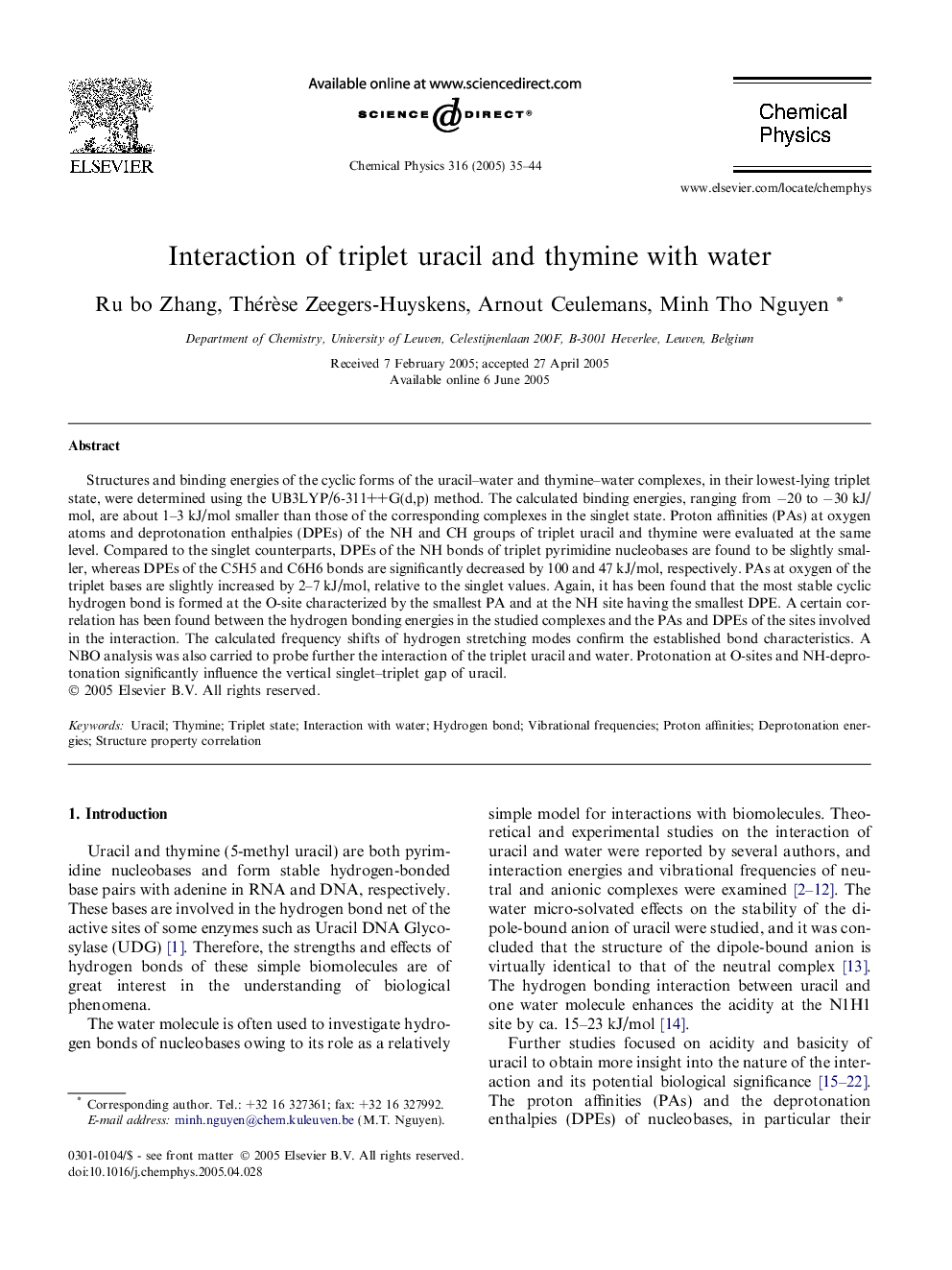 Interaction of triplet uracil and thymine with water