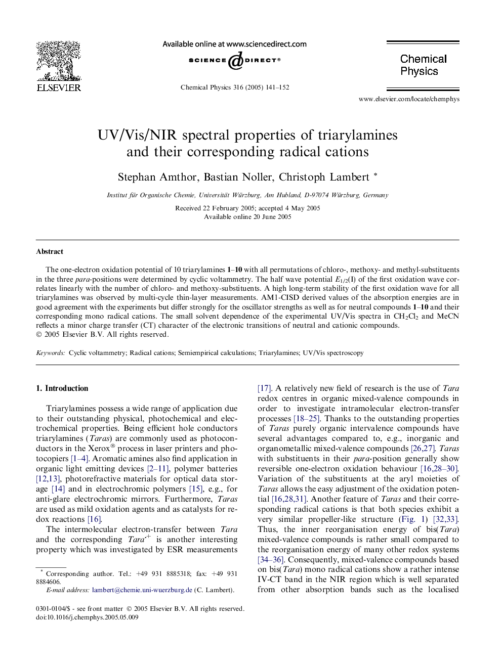 UV/Vis/NIR spectral properties of triarylamines and their corresponding radical cations