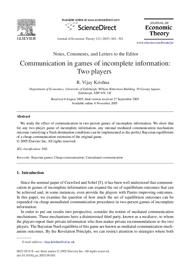 Communication in games of incomplete information: Two players