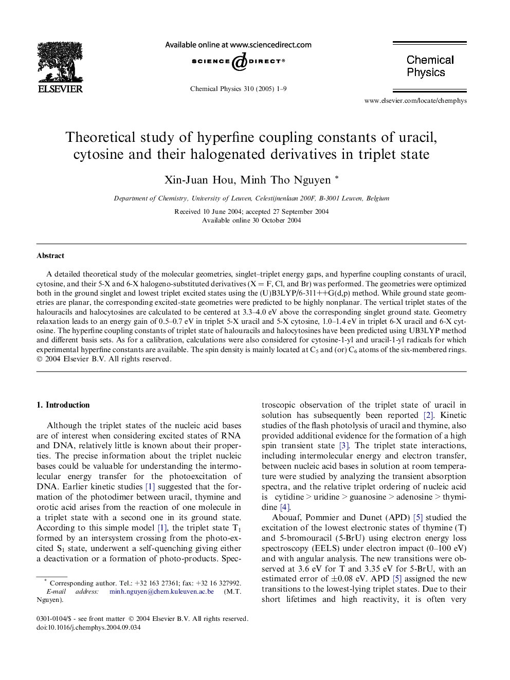 Theoretical study of hyperfine coupling constants of uracil, cytosine and their halogenated derivatives in triplet state