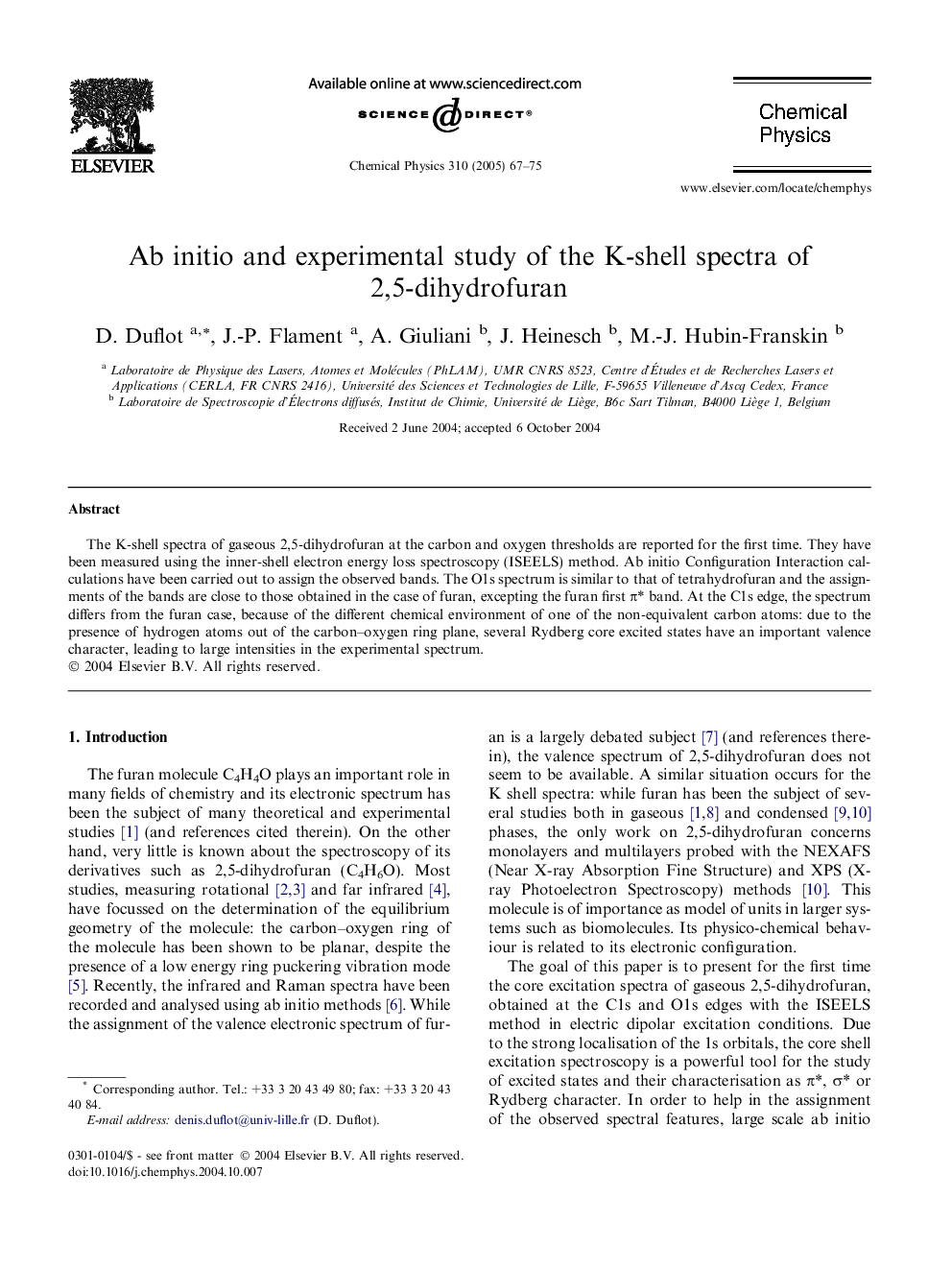 Ab initio and experimental study of the K-shell spectra of 2,5-dihydrofuran