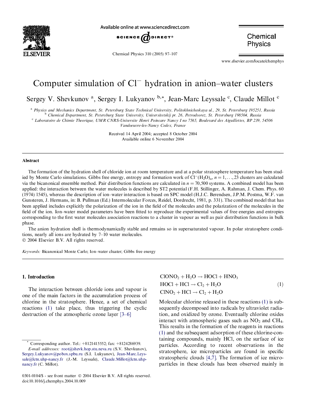 Computer simulation of Clâ hydration in anion-water clusters