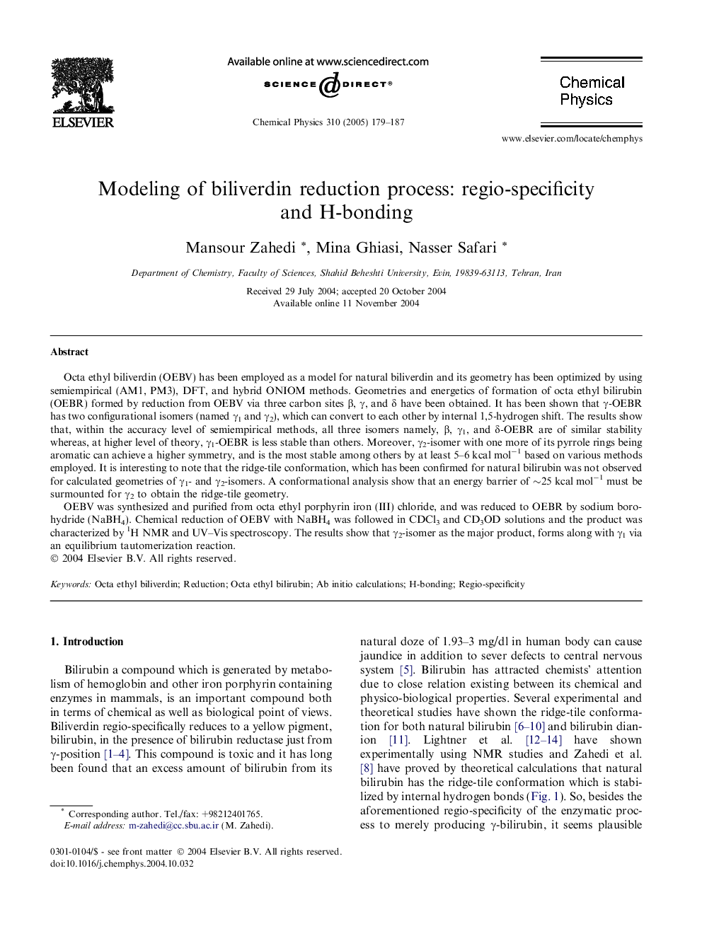 Modeling of biliverdin reduction process: regio-specificity and H-bonding